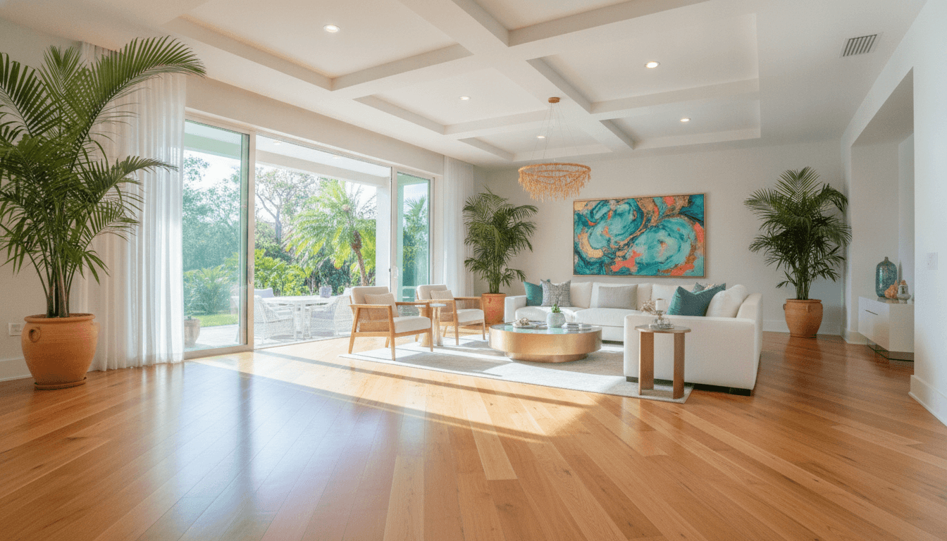 A bright living room with beautiful hardwood floors